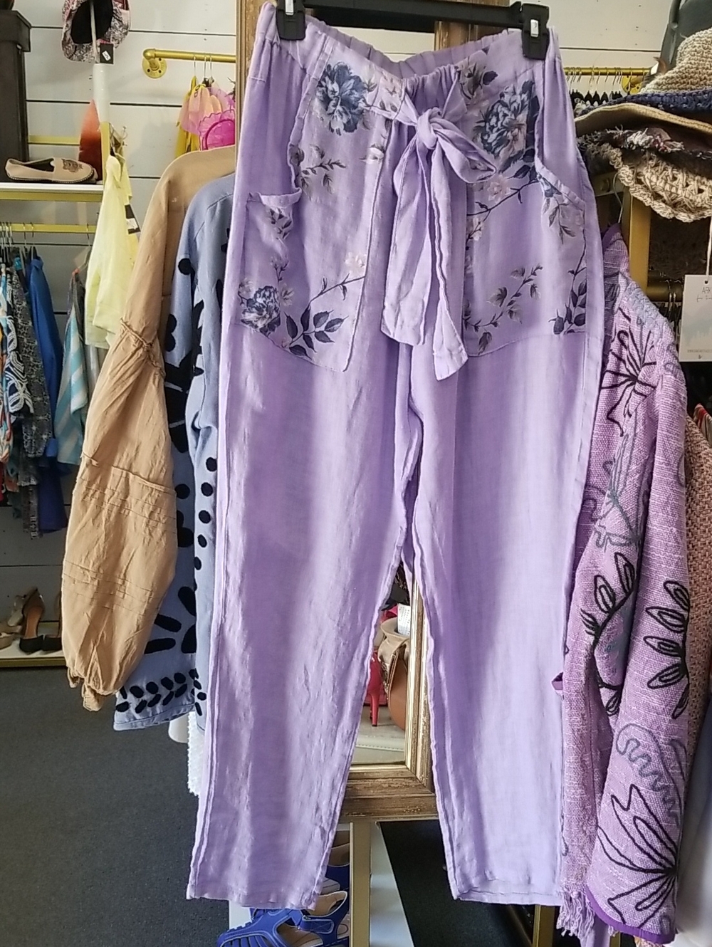 Cherish Lavender Floral Tie-Waist Wide Leg Pants